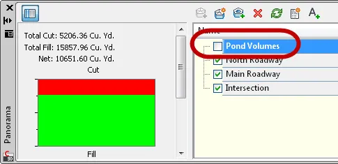 Volumes Dashboard in Civil 3D 2012 zeigt Volumenberechnung ohne Teichfläche