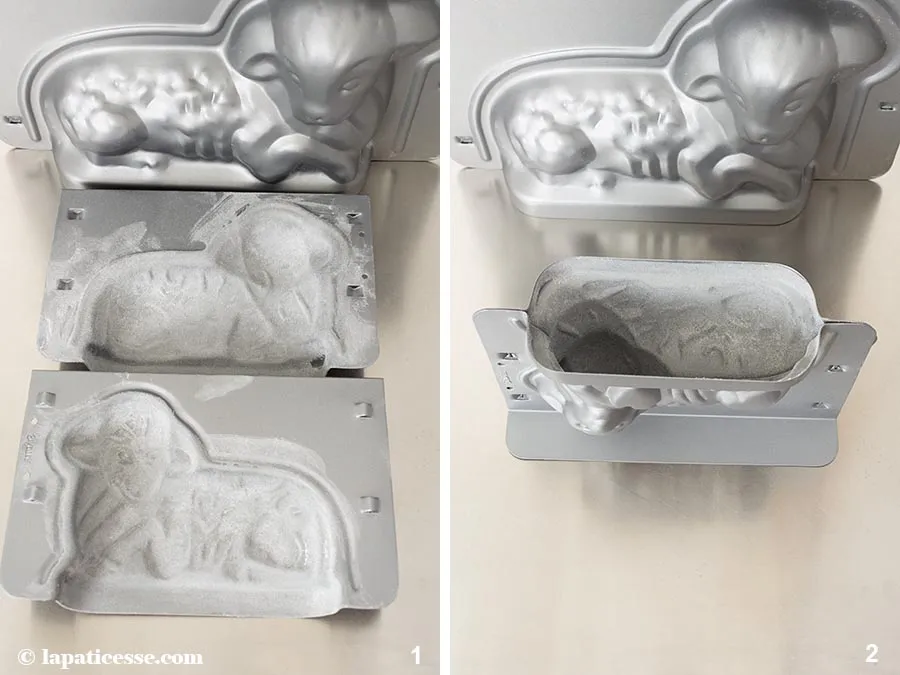 Vorbereitete Osterlamm 3D-Backform von Städter, gefettet und mehliert für einfaches Lösen des Kuchens.