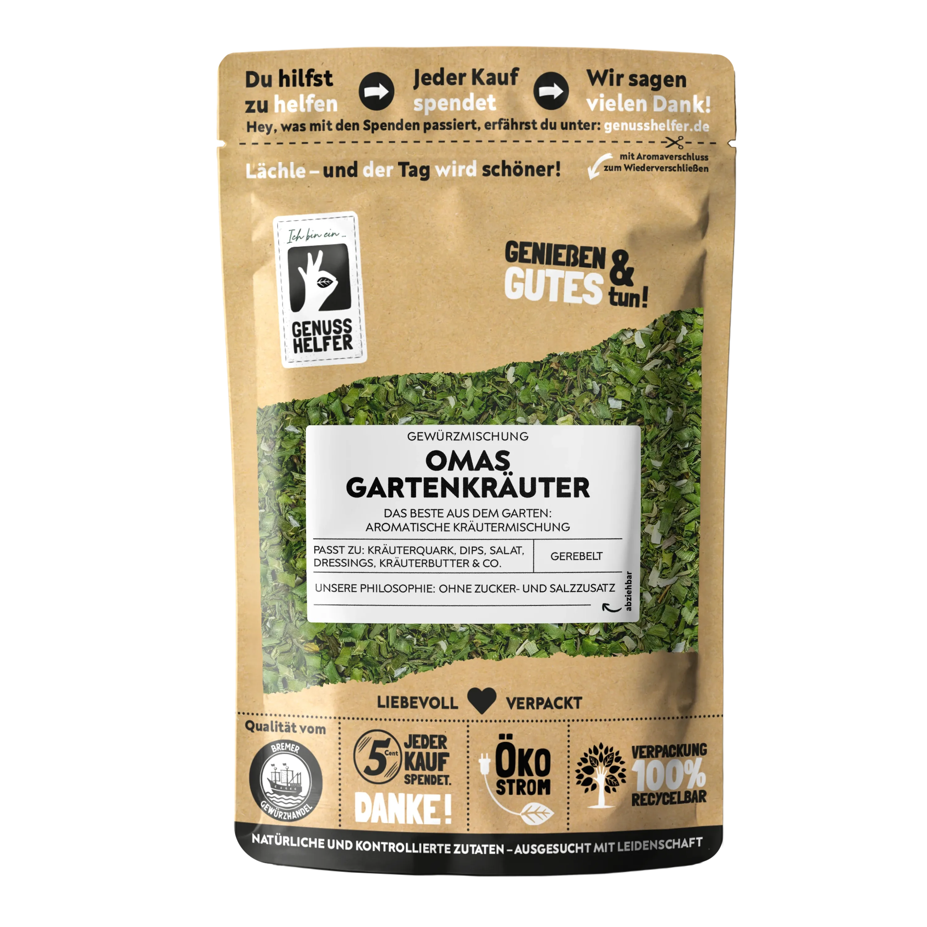 Vorderansicht eines Beutels mit Gartenkräutern