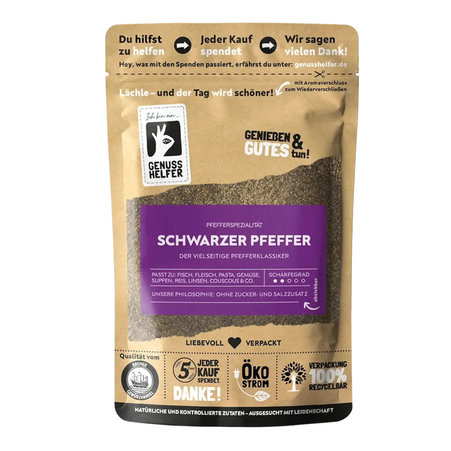 Vorderansicht eines Beutels mit gemahlenem schwarzen Sarawak-Pfeffer