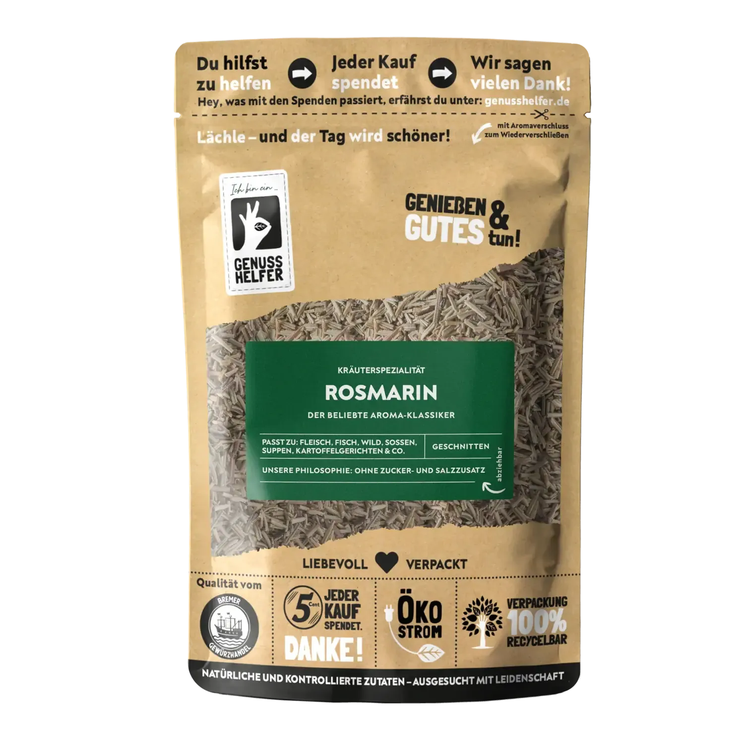 Vorderansicht eines Beutels mit geschnittenem Rosmarin