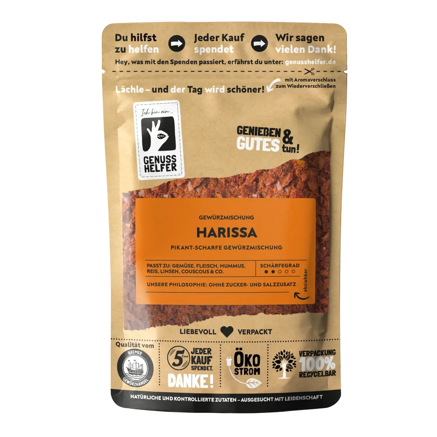 Vorderansicht eines Beutels mit geschrotetem Harissa