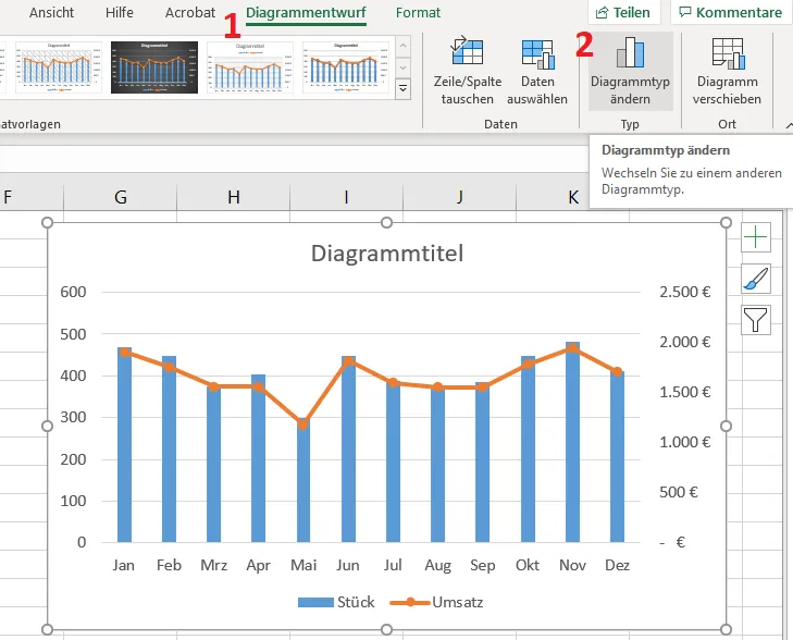 Vorhandenes Excel-Diagramm auswählen und &quot;Diagrammtyp ändern&quot; unter &quot;Diagrammentwurf&quot;