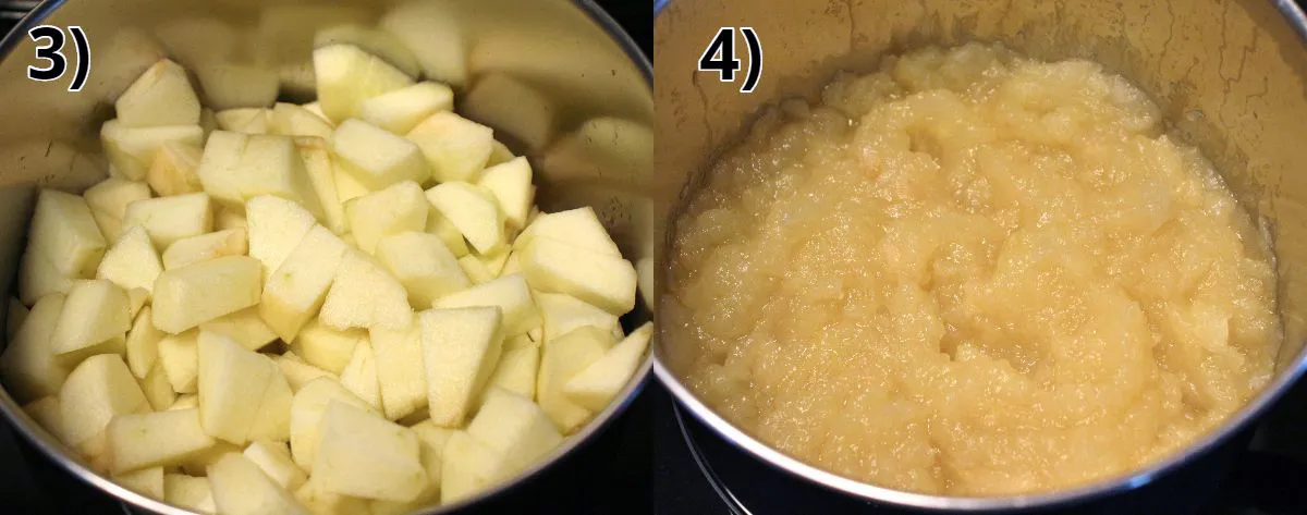 Vorher-Nachher-Bilder der Zubereitung von hausgemachtem Apfelmus in einem Topf.