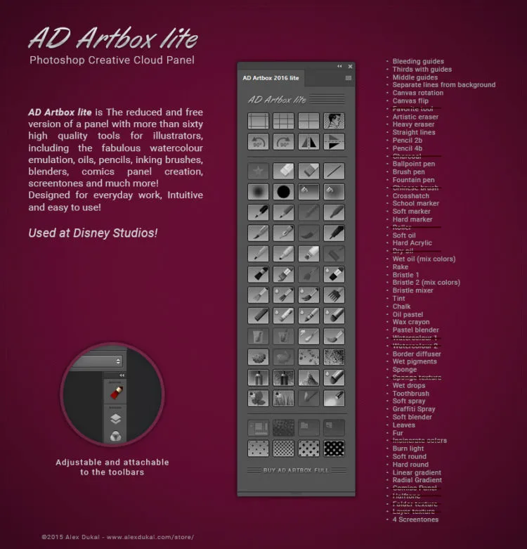 Vorschau des AD Artbox Lite Panels in Photoshop CS6 oder Creative Cloud, zeigt Werkzeuge für Illustratoren und digitale Künstler.