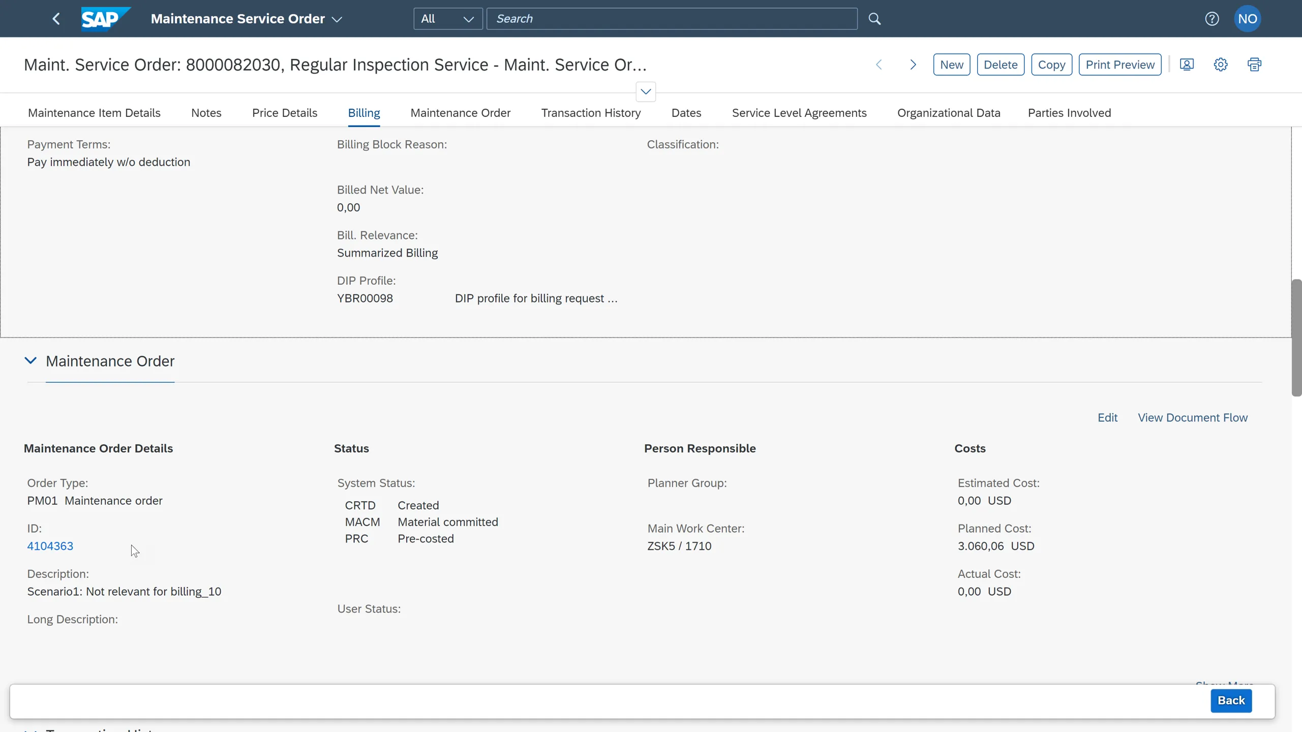 Wartungs-Serviceauftrag mit DIP-Profil und Instandhaltungsauftrag in SAP S/4HANA 2022