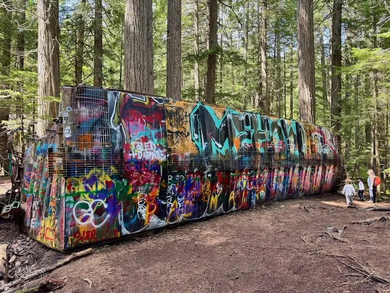 ... was sich in den Wäldern hier verbirgt: Vor etwa zehn Jahren haben Künstler begonnen, die verschrotteten Waggons eines vor Jahrzehnten entgleisten Zuges bunt zu bemalen.