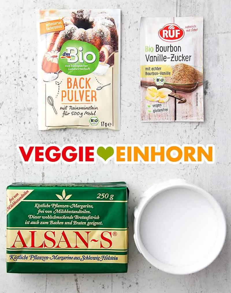 Weinsteinbackpulver, Vanillezucker, vegane Margarine, Salz