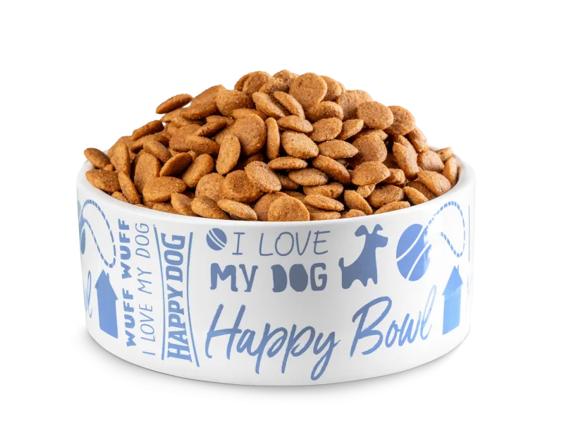 Weißer Futternapf mit Happy Dog Trockenfutter und blauer Aufschrift