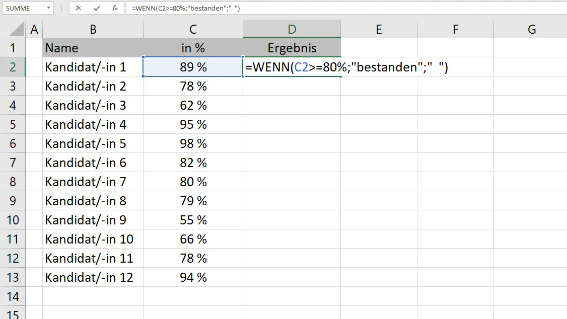 WENN-DANN-Funktion zur Bewertung von Prüfungsergebnissen in Excel