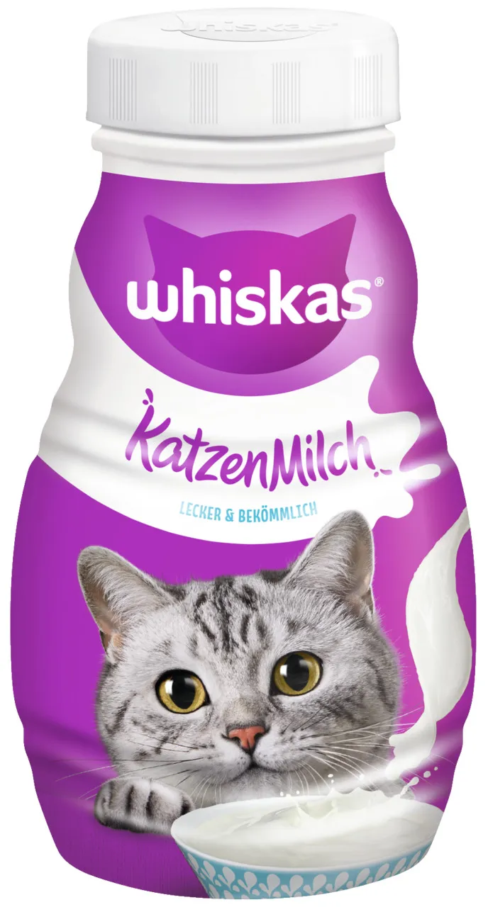 Whiskas Katzenmilch 200ml Flasche mit glücklicher grauer Katze auf lila Etikett