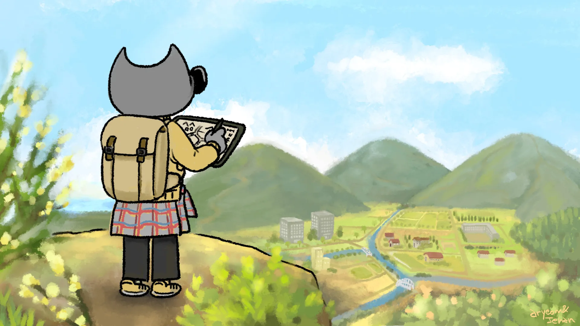 Wilber, der Geograf, im Comic-Strip, der die GeoTIFF-Unterstützung in GIMP 2.10.24 symbolisiert