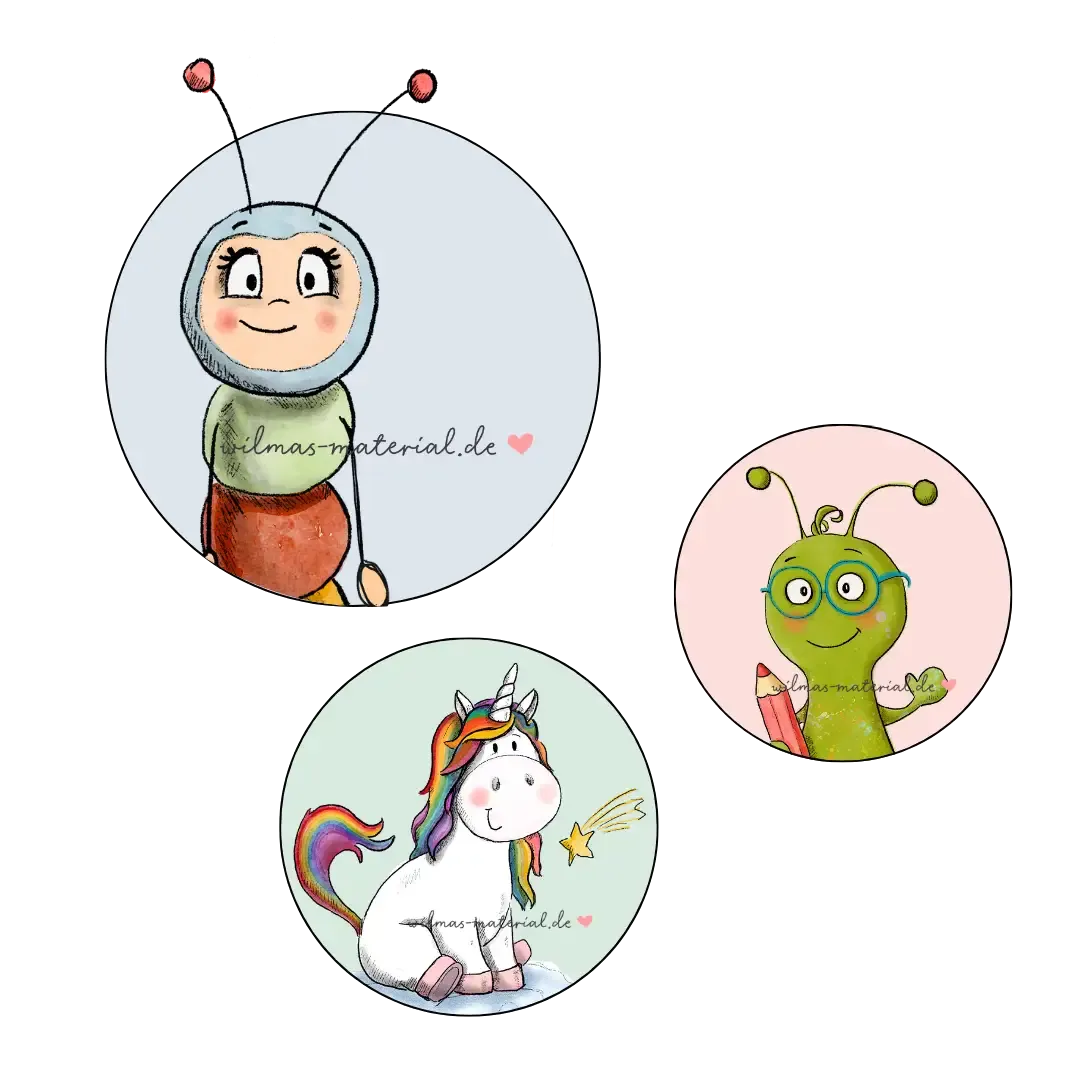 Wilma Wochenwurm mit Freunden Annegret Einhorn und Mats Malwurm – pädagogische Materialien für Kindergarten und Kita