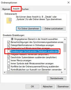 Windows Explorer Ordneroptionen zur Anzeige von Dateierweiterungen