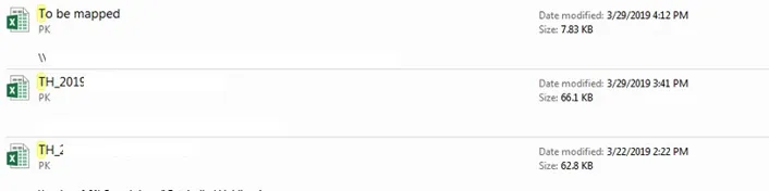Windows-Suchergebnisse für Excel-Dateien, die den Fehler "PK" in der Inhaltsspalte auf einem Dateiserver demonstrieren.