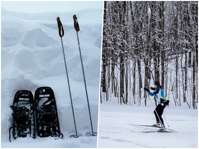 Wintersportler genießen Langlauf und Schneeschuhwandern in verschneiter Landschaft