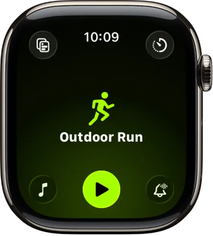 Workout App auf der Apple Watch mit hervorgehobener Option "Outdoor Lauf"