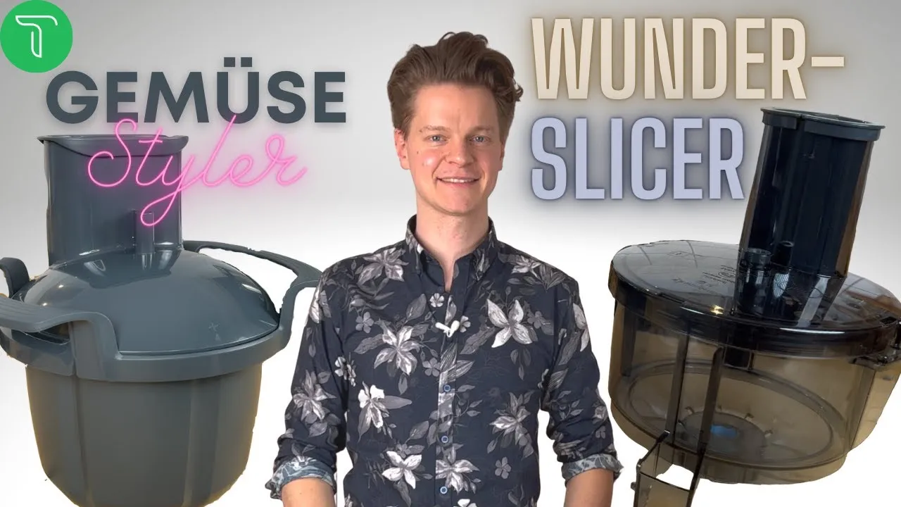 WunderSlicer Aufsatz auf einem Thermomix mit verschiedenen geschnittenen Gemüsesorten