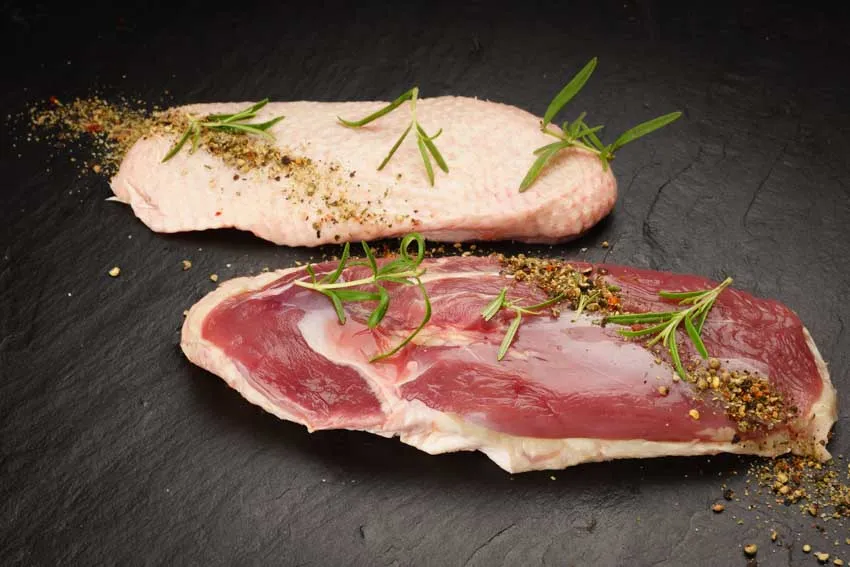 Zarte, gebratene männliche Barbarie Entenbrust auf einem Teller serviert, bereit zum Genuss.