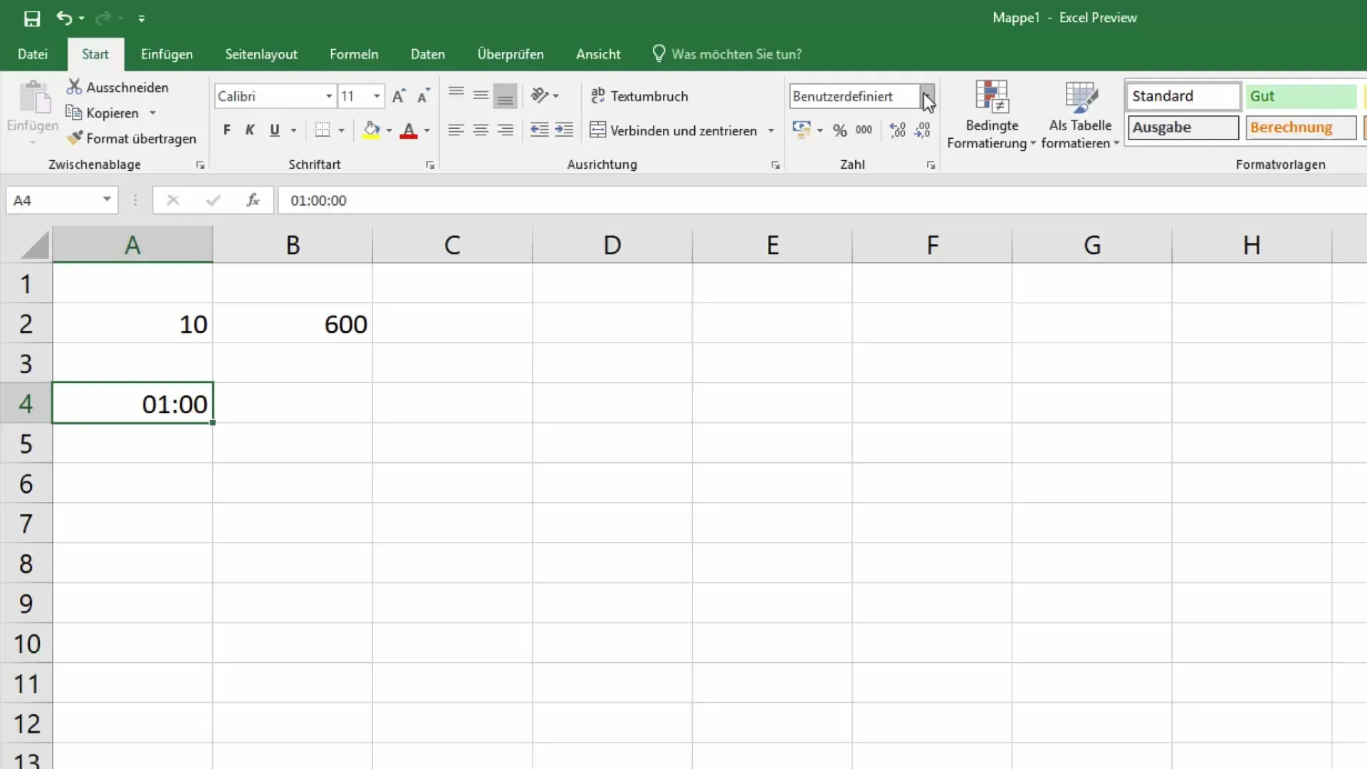 Zeitformat (HH:MM) in Excel eingeben