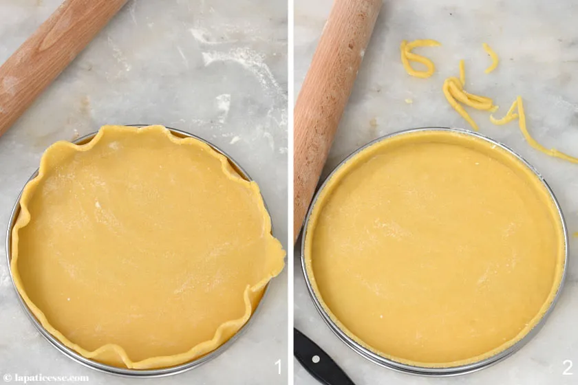 Zubereitungsschritt des Mürbeteigs (Pâte sablée) für die Apfelrosen-Tarte, ein Grundelement vieler Promibacken-Rezepte.
