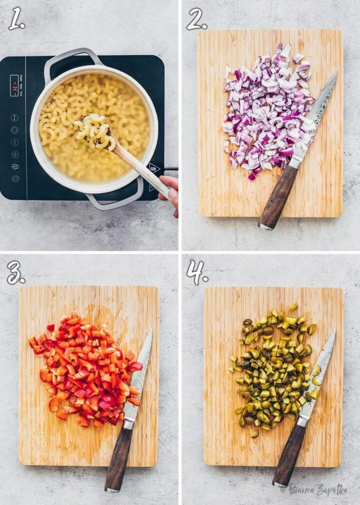 Zubereitungsschritt: Geschnittene Zutaten bereit zum Vermischen mit gekochten Nudeln für den veganen Salat.