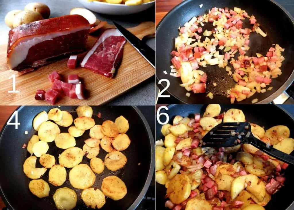 Zubereitungsschritte für goldbraune Bratkartoffeln in der Pfanne