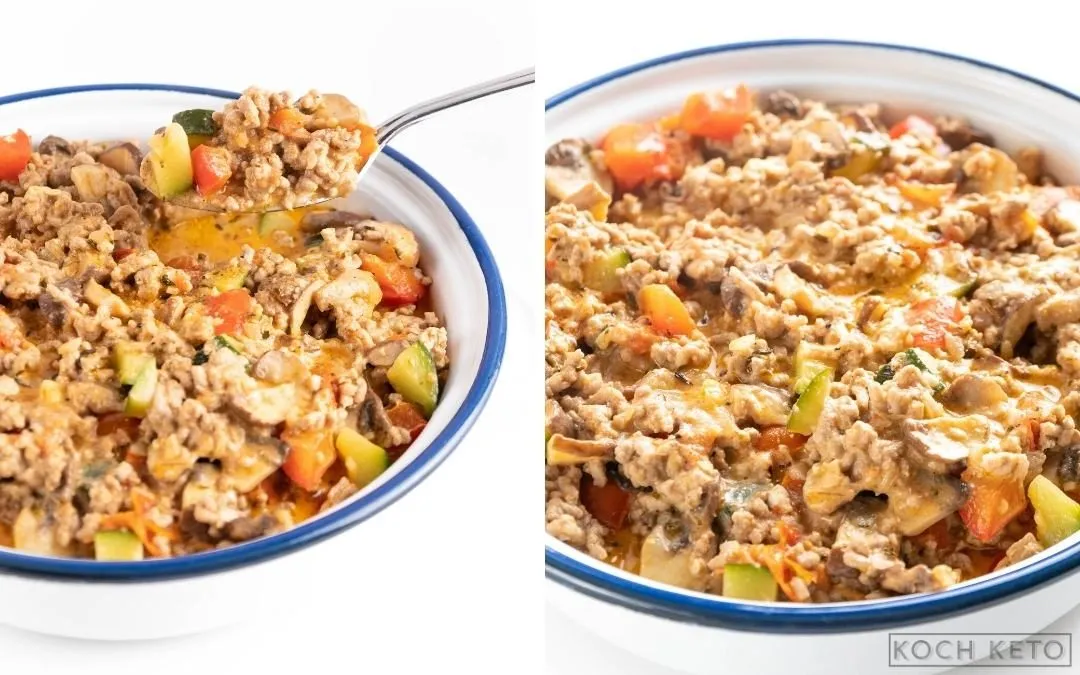 Zubereitungsschritte für Low Carb Hackfleisch-Gemüse-Pfanne in Collage