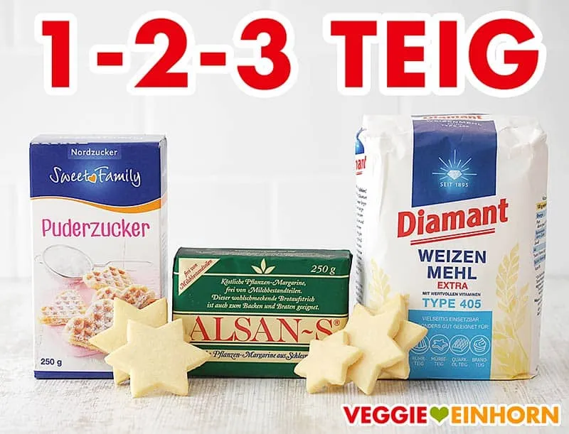 Zutaten für 1-2-3 Teig: Puderzucker, Margarine, Mehl