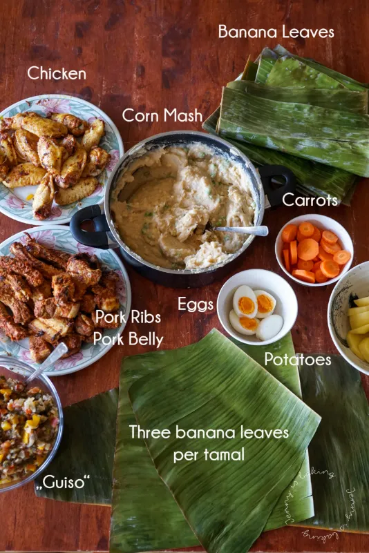 Zutaten für ein Tamales Rezept: Fleisch, Maisbrei und Gemüse für die Füllung