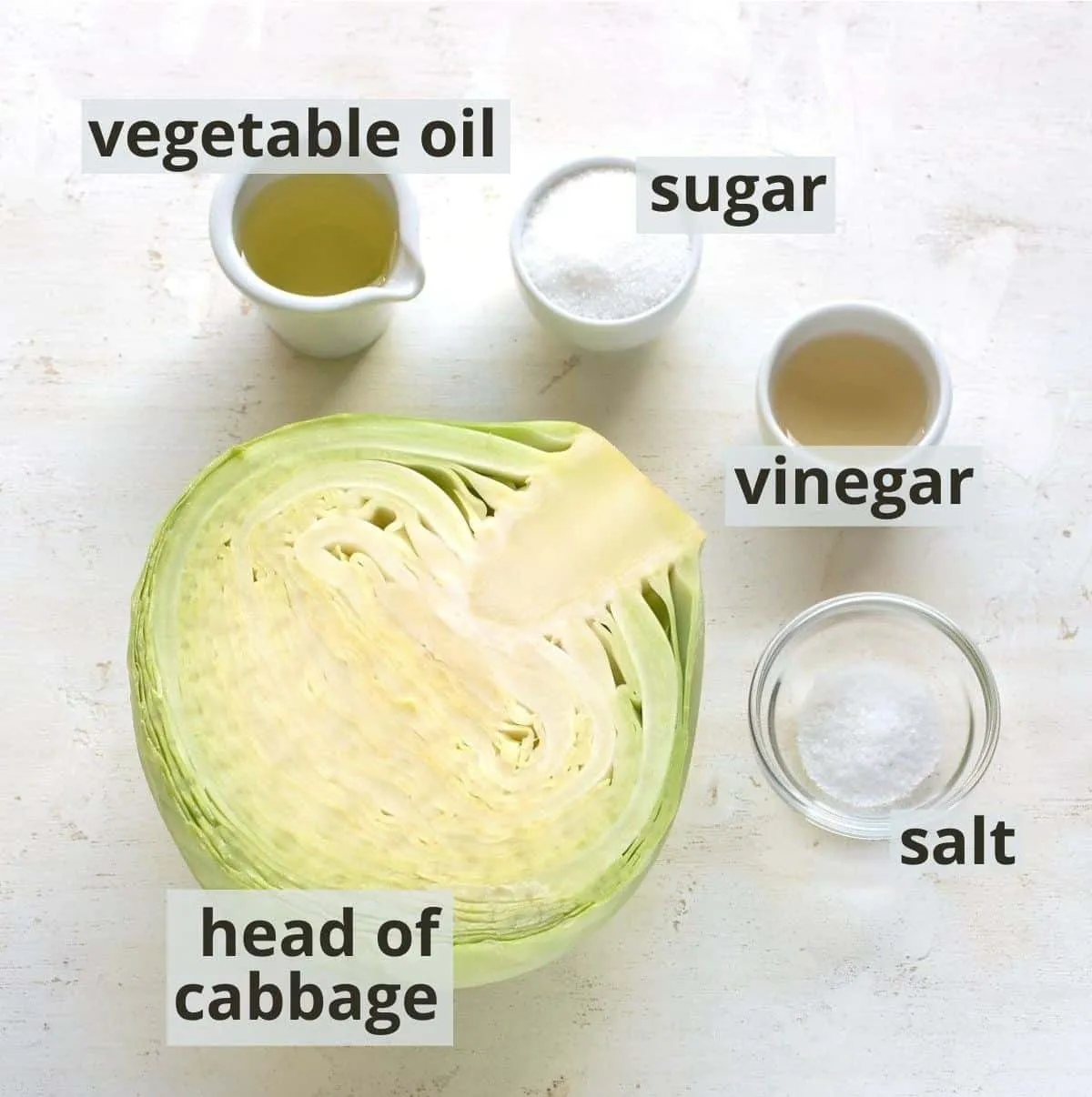 Zutaten für einen essigbasierten Krautsalat, inklusive Beschriftungen.