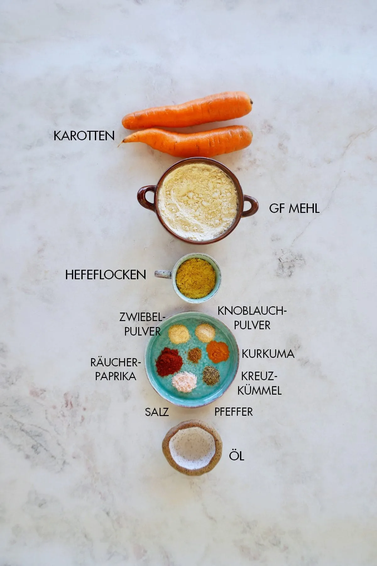 Zutaten für Karotten-Bratlinge auf Holzbrett, beschriftet
