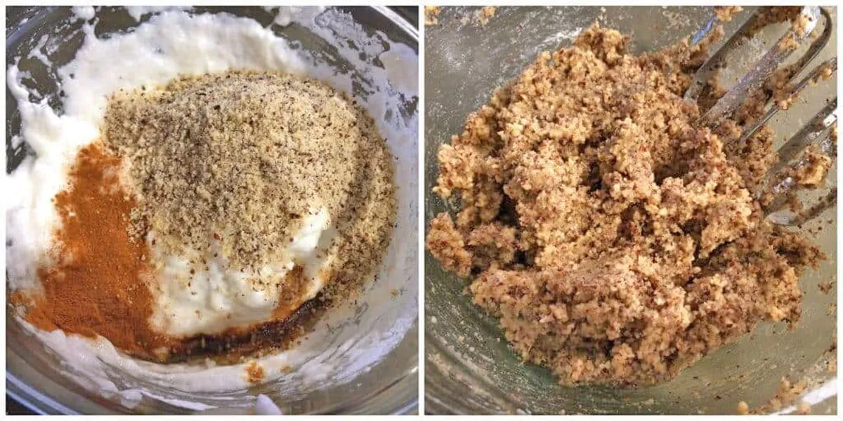 Zutaten wie gemahlene Mandeln, Zimt und Vanillezucker werden zum Zimtstern-Teig hinzugefügt.