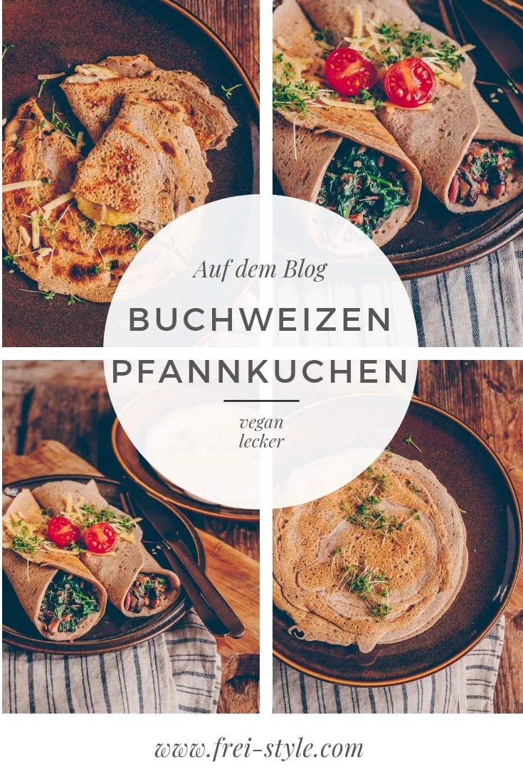 Zwei Buchweizenpfannkuchen, einer gefüllt mit Spinat und der andere pur, die die Vielseitigkeit und den gesunden Aspekt des Gerichts hervorheben.