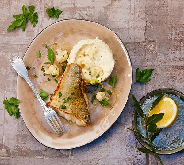 Zwei Fischgerichte, darunter Doradenfilet und knuspriges Zanderfilet auf Blumenkohlpüree