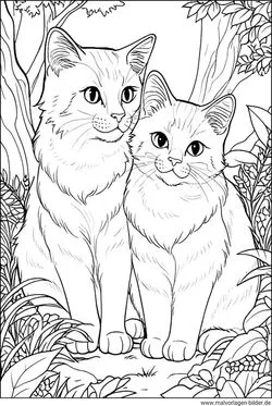Zwei Katzen in einem detailreichen Ausmalbild speziell für Erwachsene