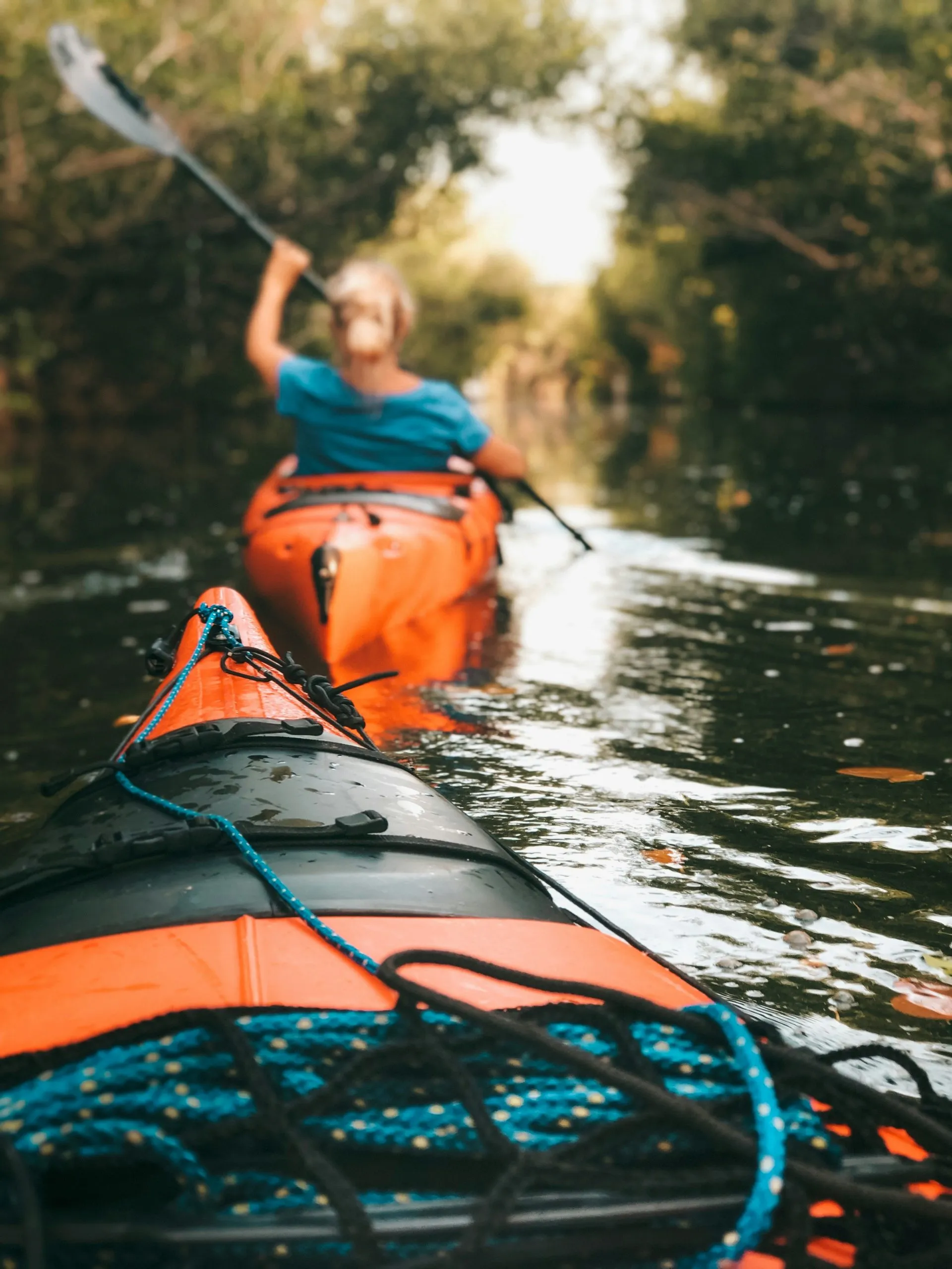 Zwei Paddler gleiten durch eine ruhige Seenlandschaft in Norddeutschland