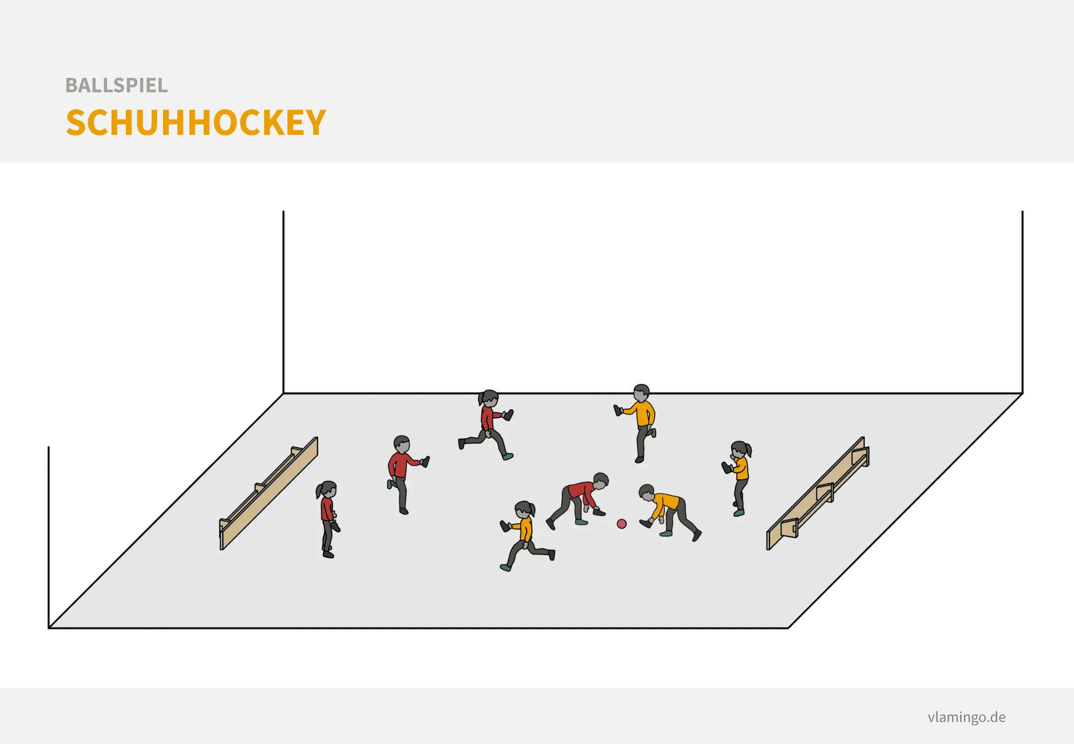 Zwei Teams spielen Schuhhockey mit einem Tennisball und Schuhen als Schläger.