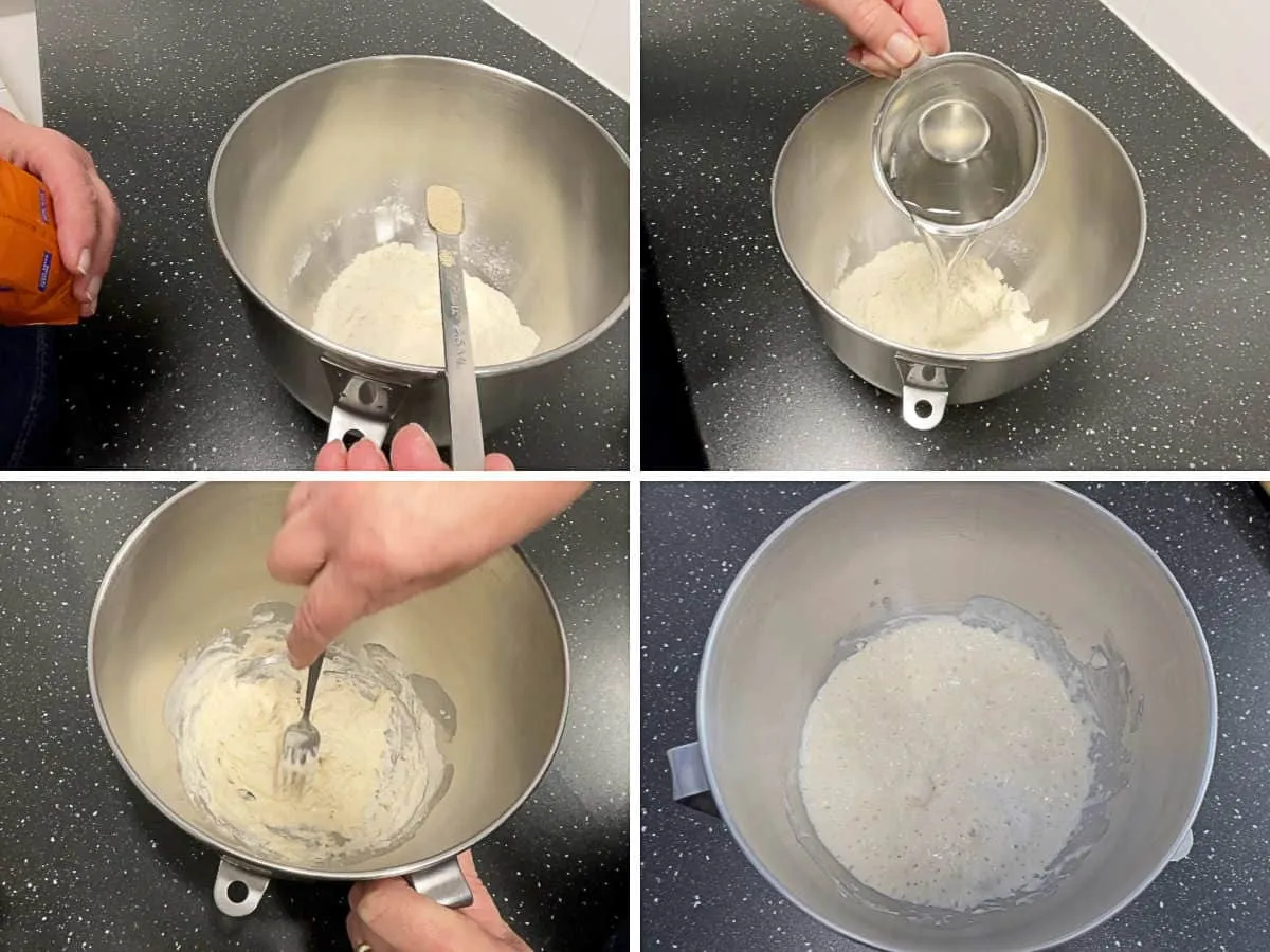 Adding yeast and water to flour and whisking with a fork followed by frothy starter in a bowl.