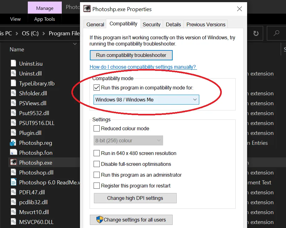 Aktivieren des Kompatibilitätsmodus und Auswahl von "Windows 98 / Windows Me"