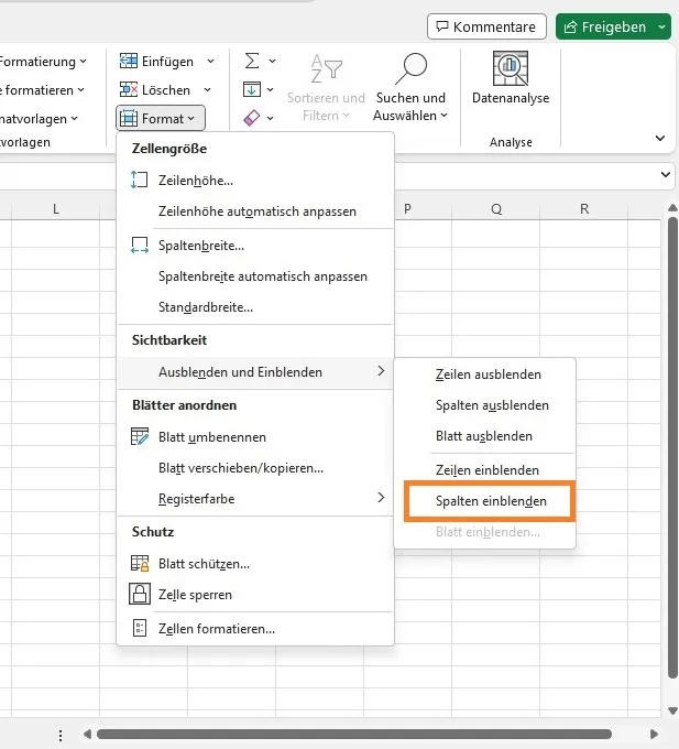 Alle Spalten sind wieder sichtbar
