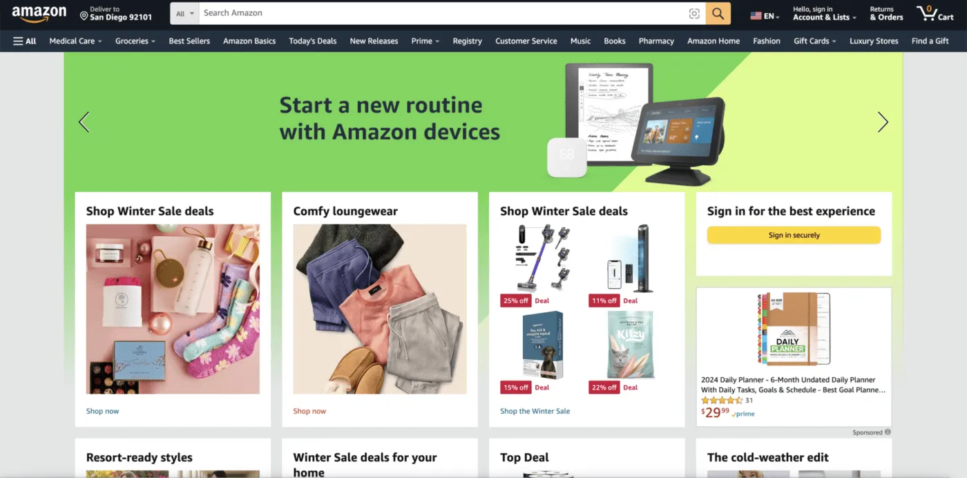 Amazon.com Website zeigt Produktvielfalt und Dienstleistungen