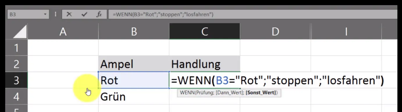 Ampelbeispiel mit der WENN-Funktion in Excel, wo "Rot" zu "stoppen" führt