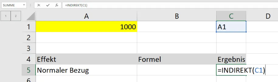 Analogie zur INDIREKT-Funktion: Eine dritte Zelle (C1) dient als Relaisstation, um einen indirekten Bezug von C5 zu A1 herzustellen