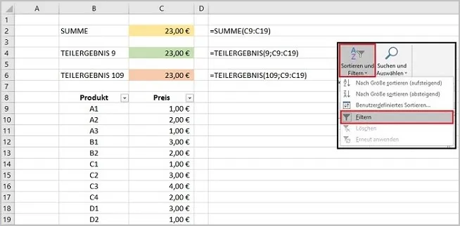 Anleitung zum Aktivieren des Filters in Excel über das Register Start