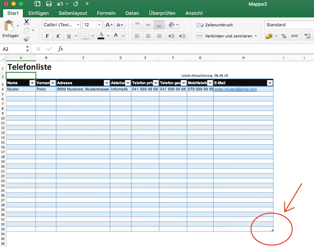 Anleitung zum Verlängern einer Telefonliste in Excel
