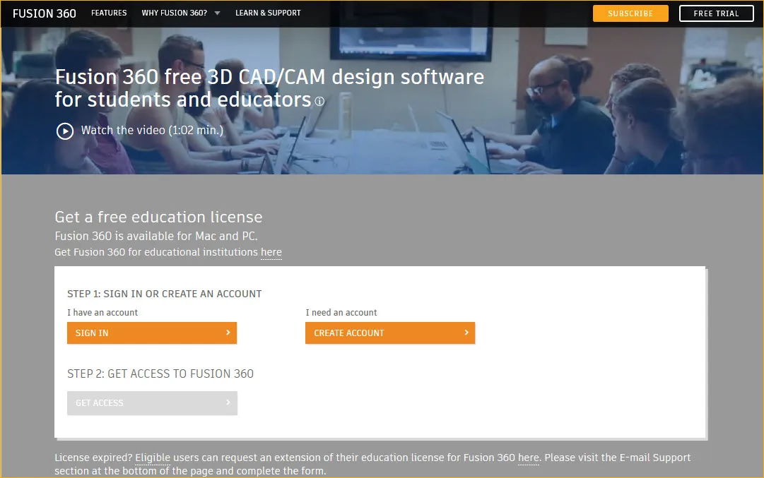Anmelde- oder Registrierungsbildschirm für die kostenlose Studentenversion von AutoCAD oder Revit