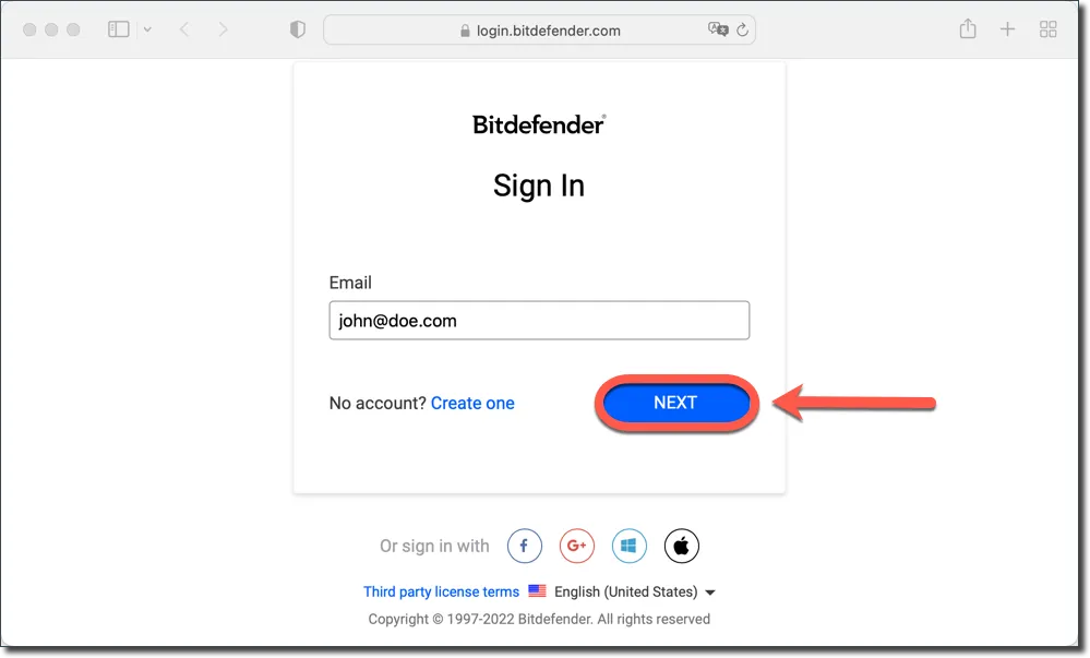 Anmeldung bei Bitdefender Central