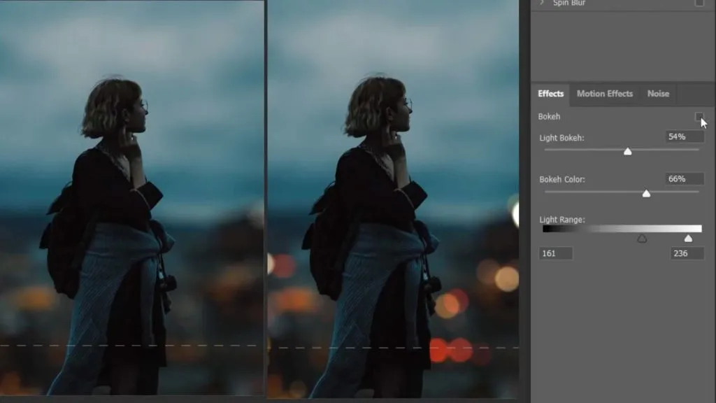 Anpassen des Bokeh-Farbreglers im Effekte-Panel des Tilt-Shift-Filters