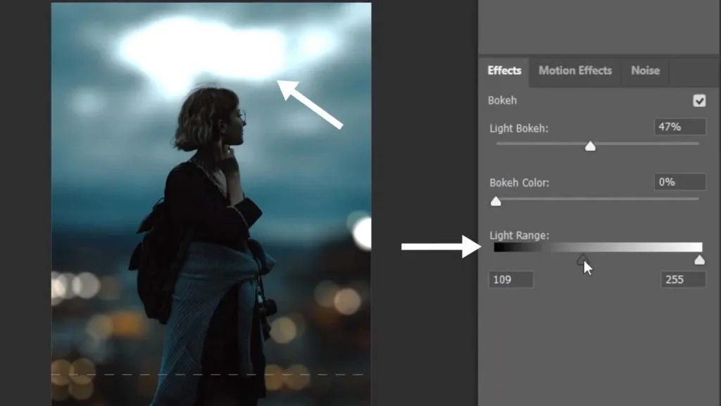 Anpassung der Bokeh-Lichteffekte im Effekte-Bedienfeld von Photoshop
